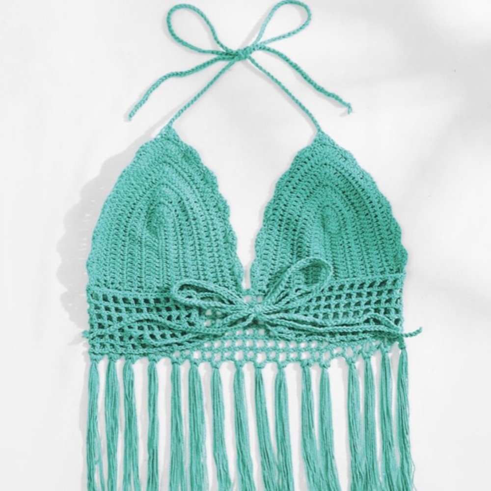 Mint Blue Fringe Hem Crochet Tie Top - Picture 4 of 13